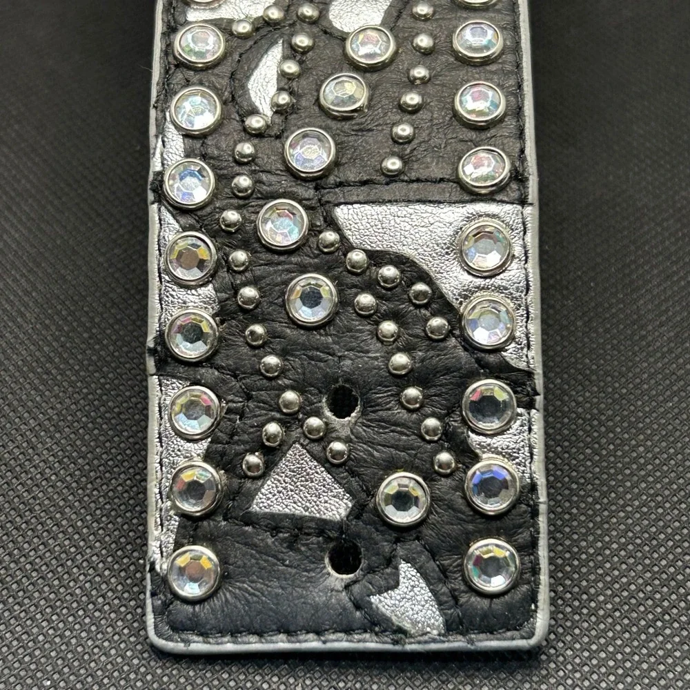 Punk Western Leather Cross Cuff Bracelet Black Silver Rhinestone Studded Edgy 7